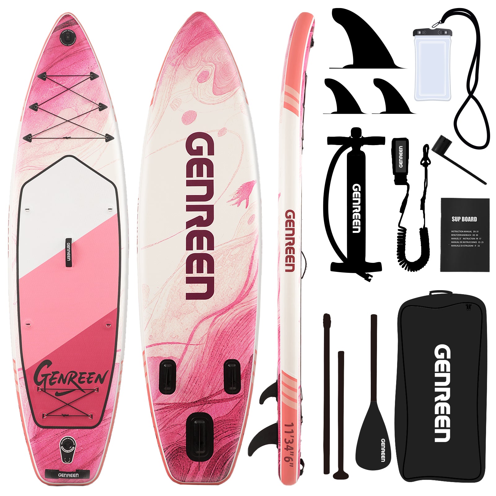 Genreen Inflatable Stand Up Paddle Board with SUP Accessories, 11ft Fishing Paddle Boards for All People of All Skill Levels
