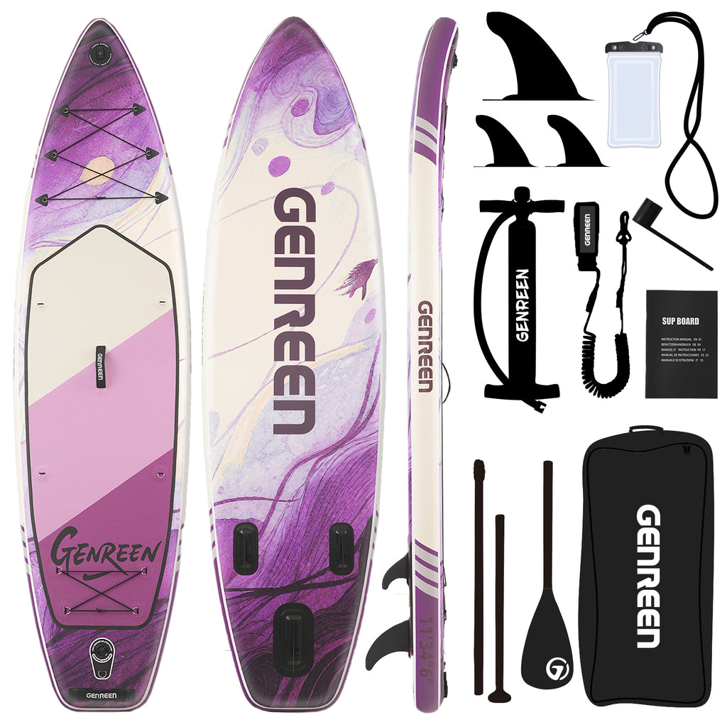 Genreen 11FT Inflatable Stand Up Paddle Board，Wide Sup with Premium Accessories, Fishing Blow Up Paddleboard for Youth & Adults