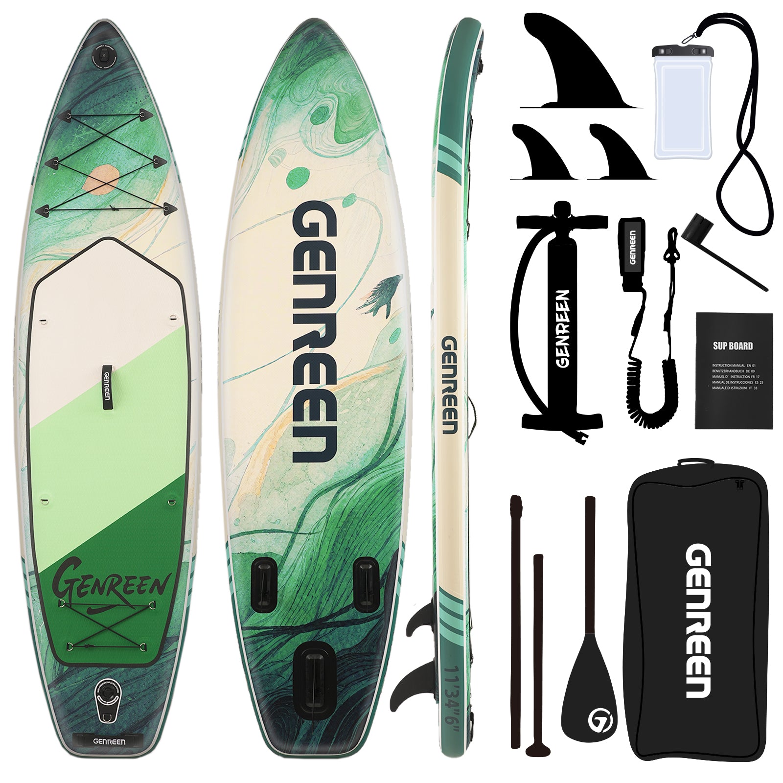 Genreen 11ft Inflatable Stand up Paddle Board, Fishing Paddle Board with SUP Accessories for Youth & Adults