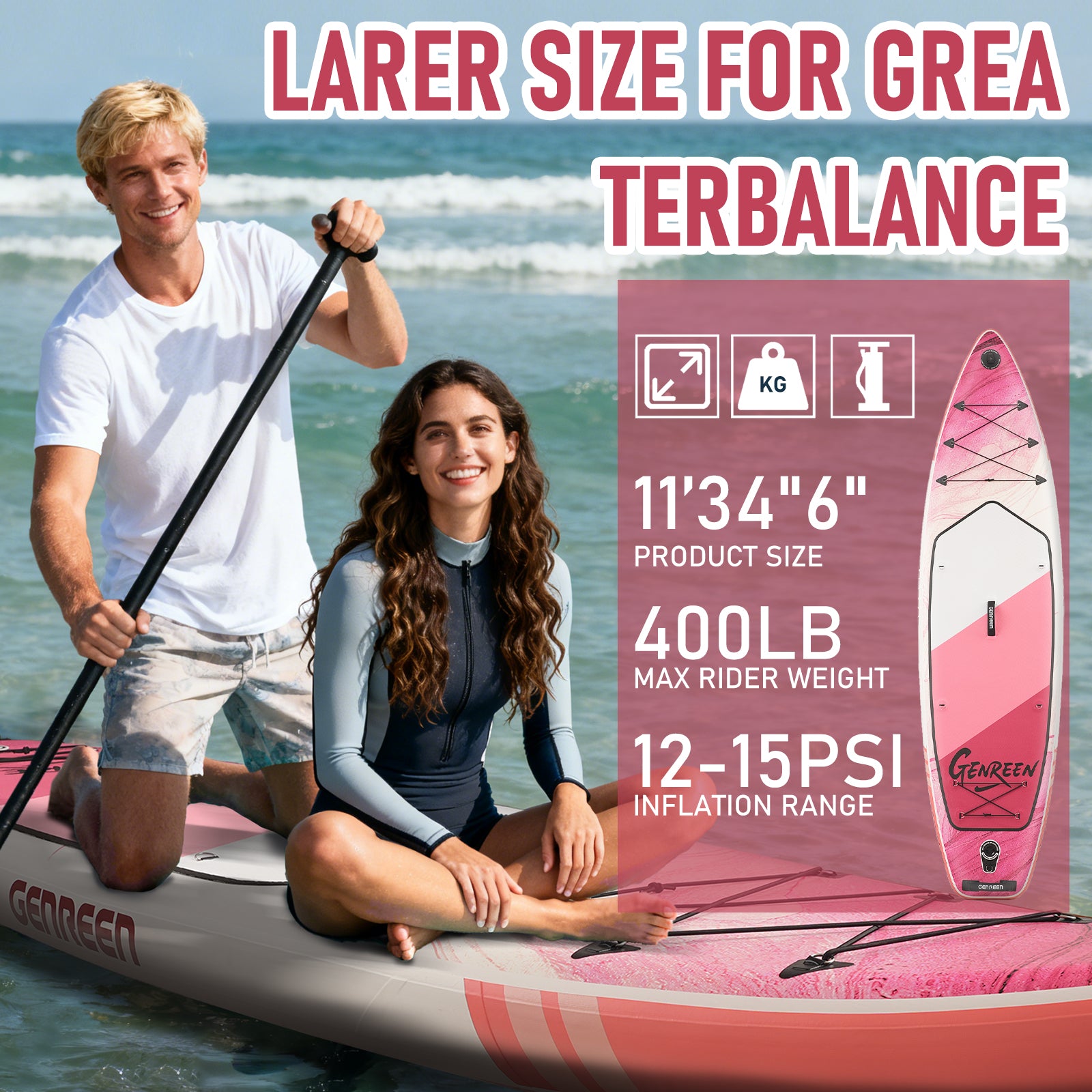 Genreen Inflatable Stand Up Paddle Board with SUP Accessories, 11ft Fishing Paddle Boards for All People of All Skill Levels