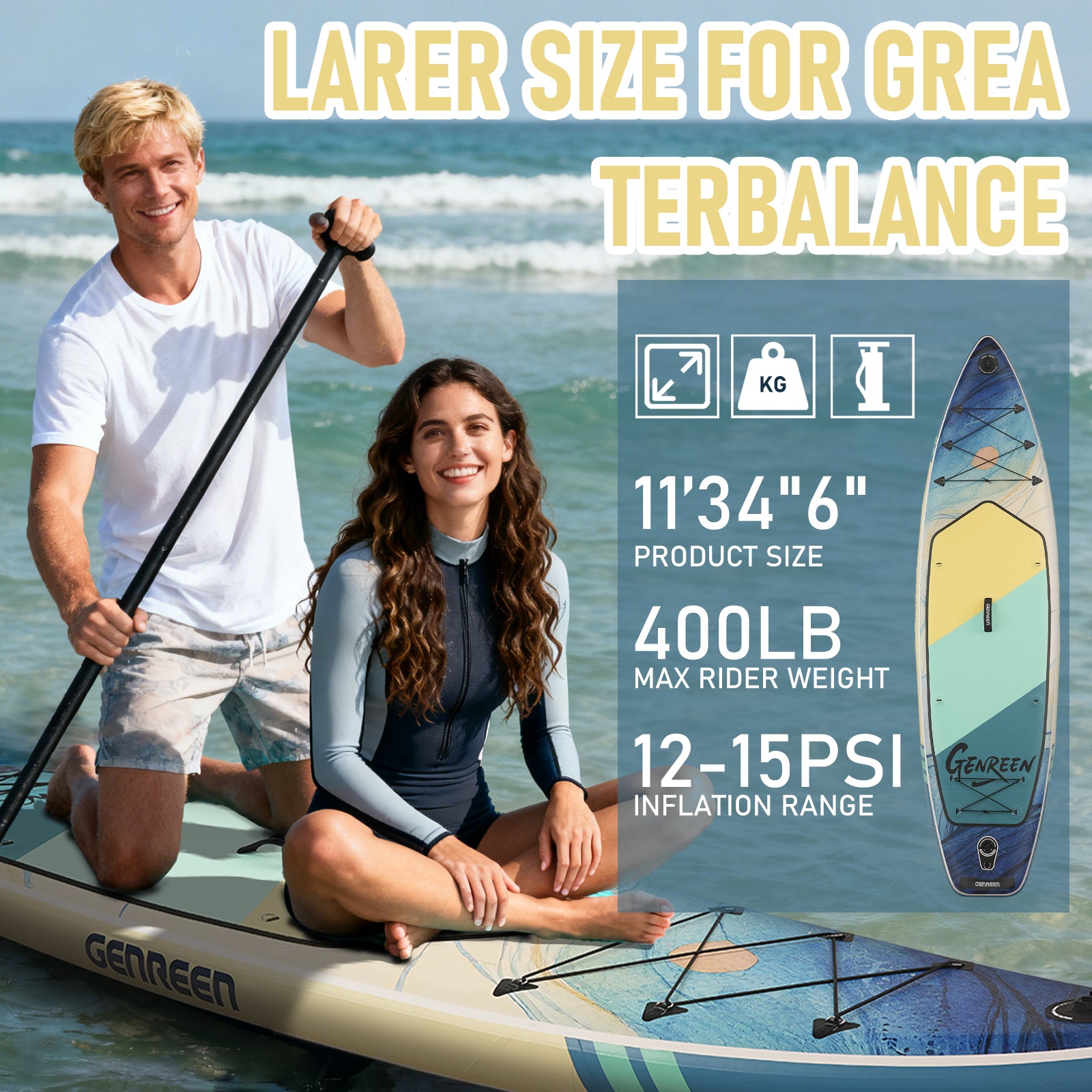 Genreen 11ft Inflatable Stand up Paddle Board, All Around Lightweight Fishing SUP for Adults with Premium Accessories
