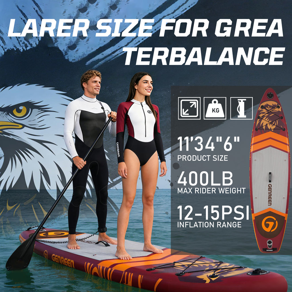 Genreen 11ft Inflatable Stand Up Paddle Board (SUP), 6 in Thick Fishing Paddle Board, Non-Slip Comfort Deck, Premium SUP Kit
