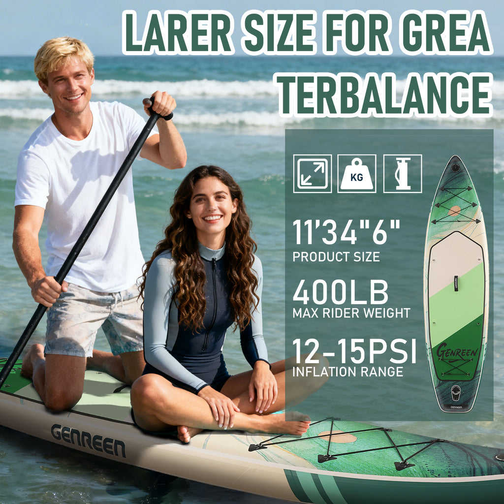 Genreen 11ft Inflatable Stand up Paddle Board, Fishing Paddle Board with SUP Accessories for Youth & Adults