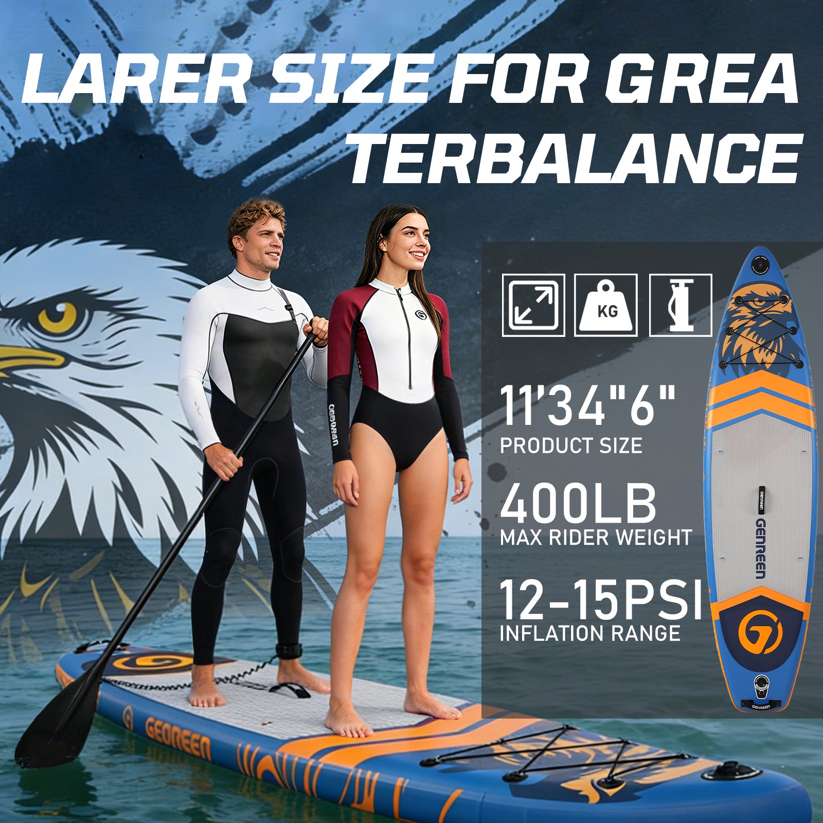 Genreen 11ft Stylish Inflatable Stand Up Paddle Board (SUP), Fishing Paddle Board with All Accessories for All Skill Levels