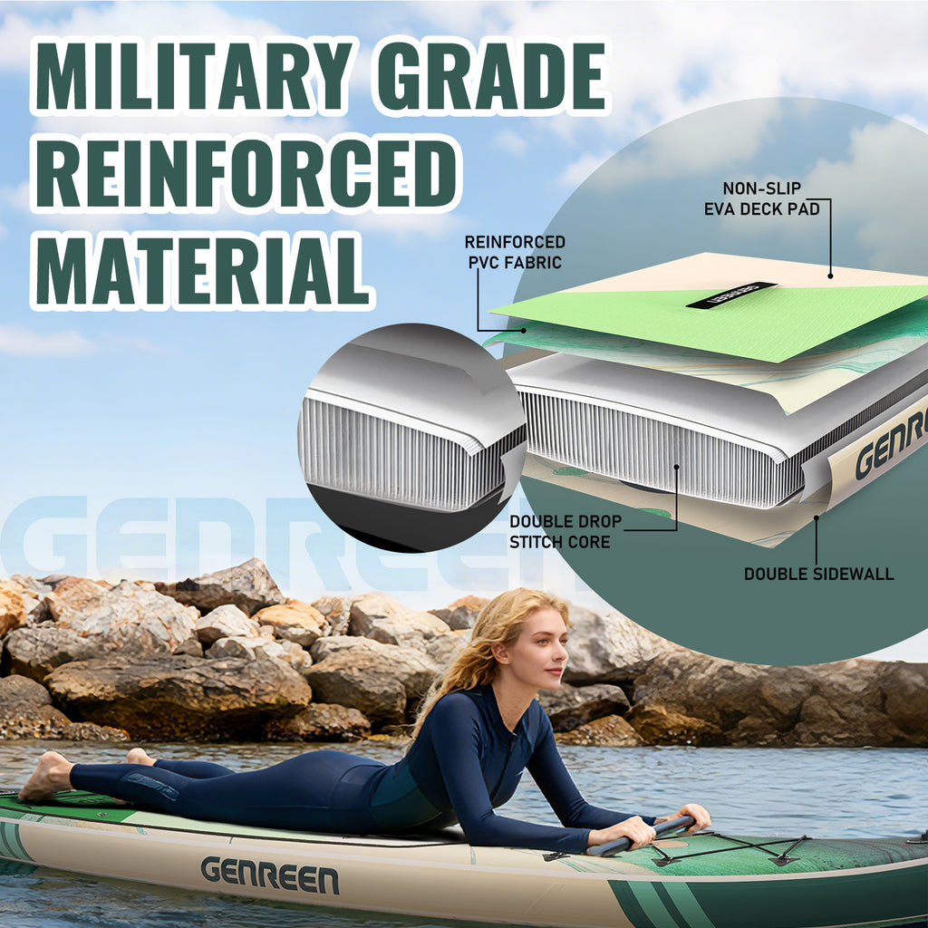 Genreen 11ft Inflatable Stand up Paddle Board, Fishing Paddle Board with SUP Accessories for Youth & Adults