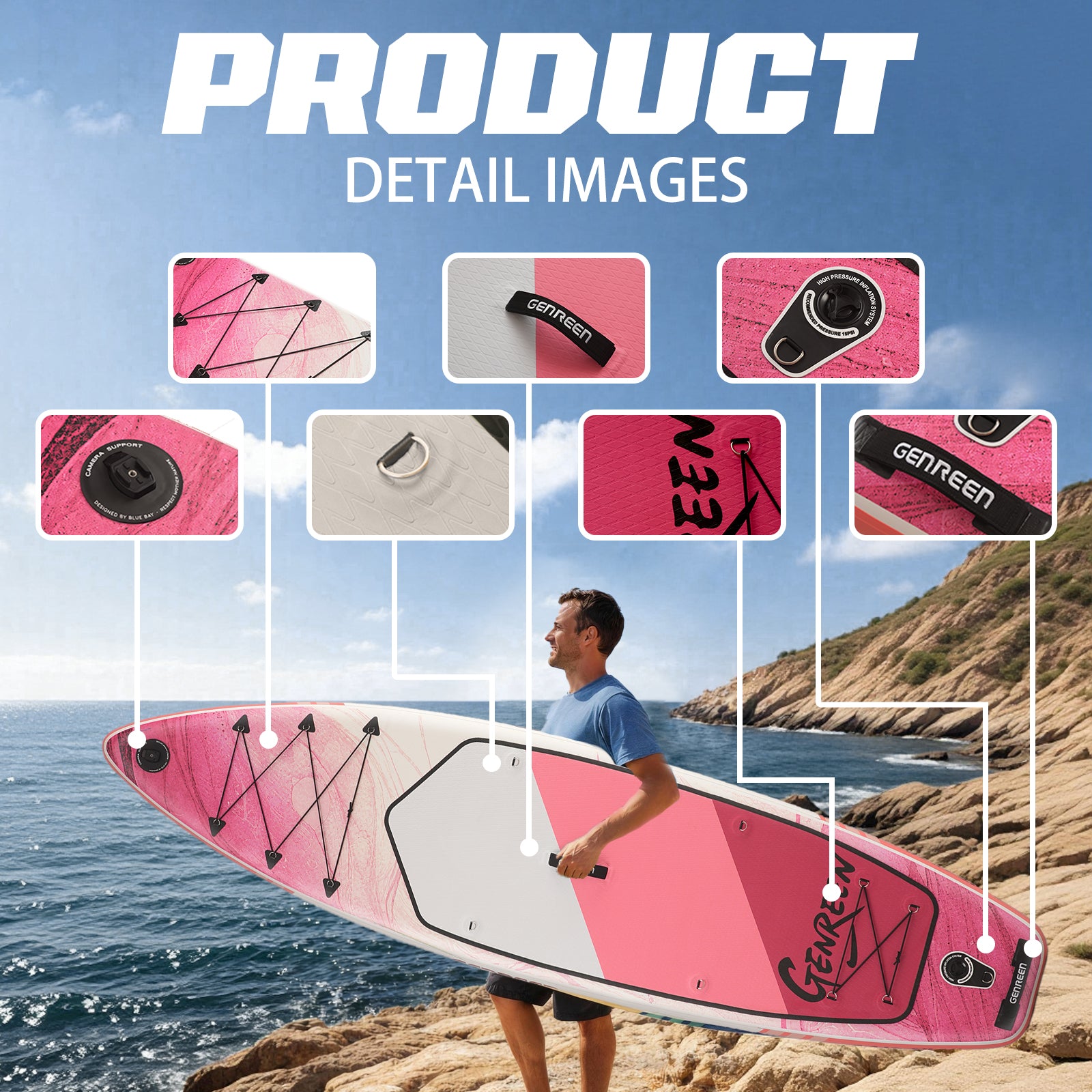 Genreen Inflatable Stand Up Paddle Board with SUP Accessories, 11ft Fishing Paddle Boards for All People of All Skill Levels