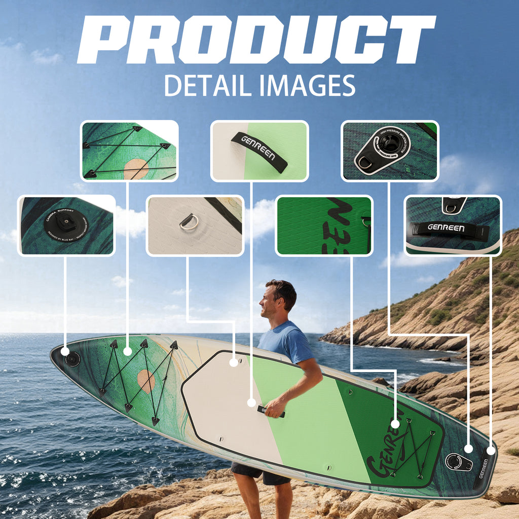 Genreen 11ft Inflatable Stand up Paddle Board, Fishing Paddle Board with SUP Accessories for Youth & Adults
