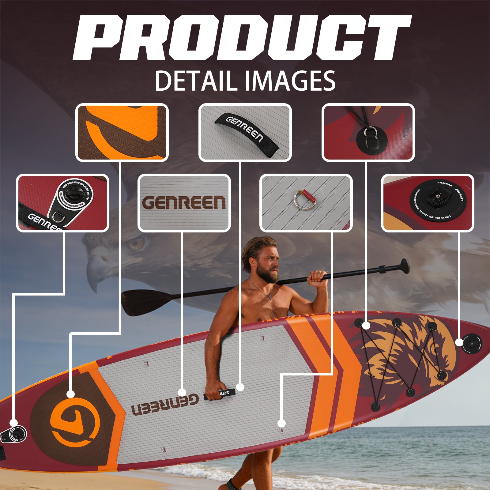 Genreen 11ft Inflatable Stand Up Paddle Board (SUP), 6 in Thick Fishing Paddle Board, Non-Slip Comfort Deck, Premium SUP Kit