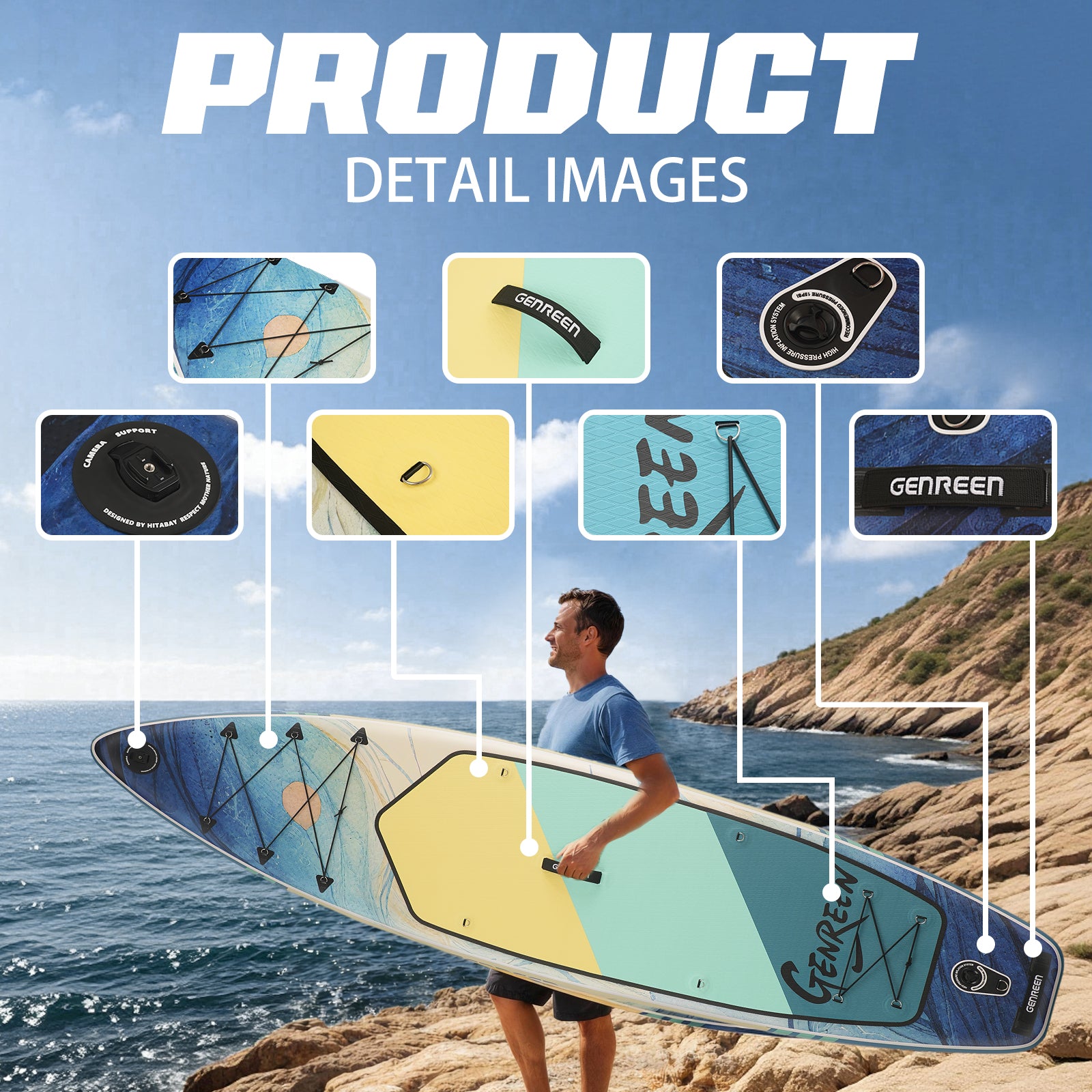 Genreen 11ft Inflatable Stand up Paddle Board, All Around Lightweight Fishing SUP for Adults with Premium Accessories