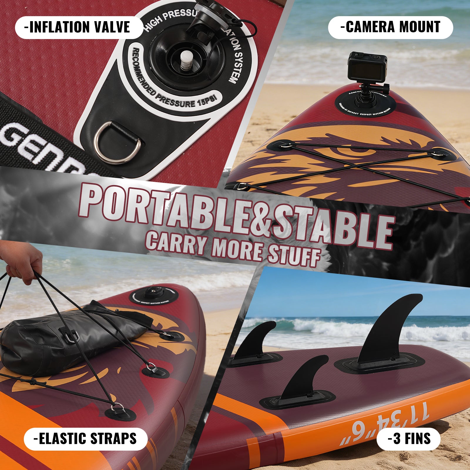 Genreen 11ft Inflatable Stand Up Paddle Board (SUP), 6 in Thick Fishing Paddle Board, Non-Slip Comfort Deck, Premium SUP Kit