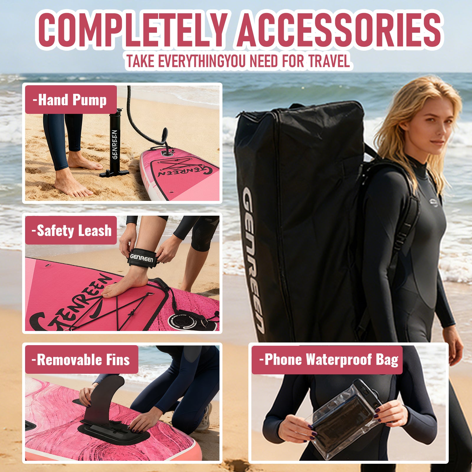 Genreen Inflatable Stand Up Paddle Board with SUP Accessories, 11ft Fishing Paddle Boards for All People of All Skill Levels