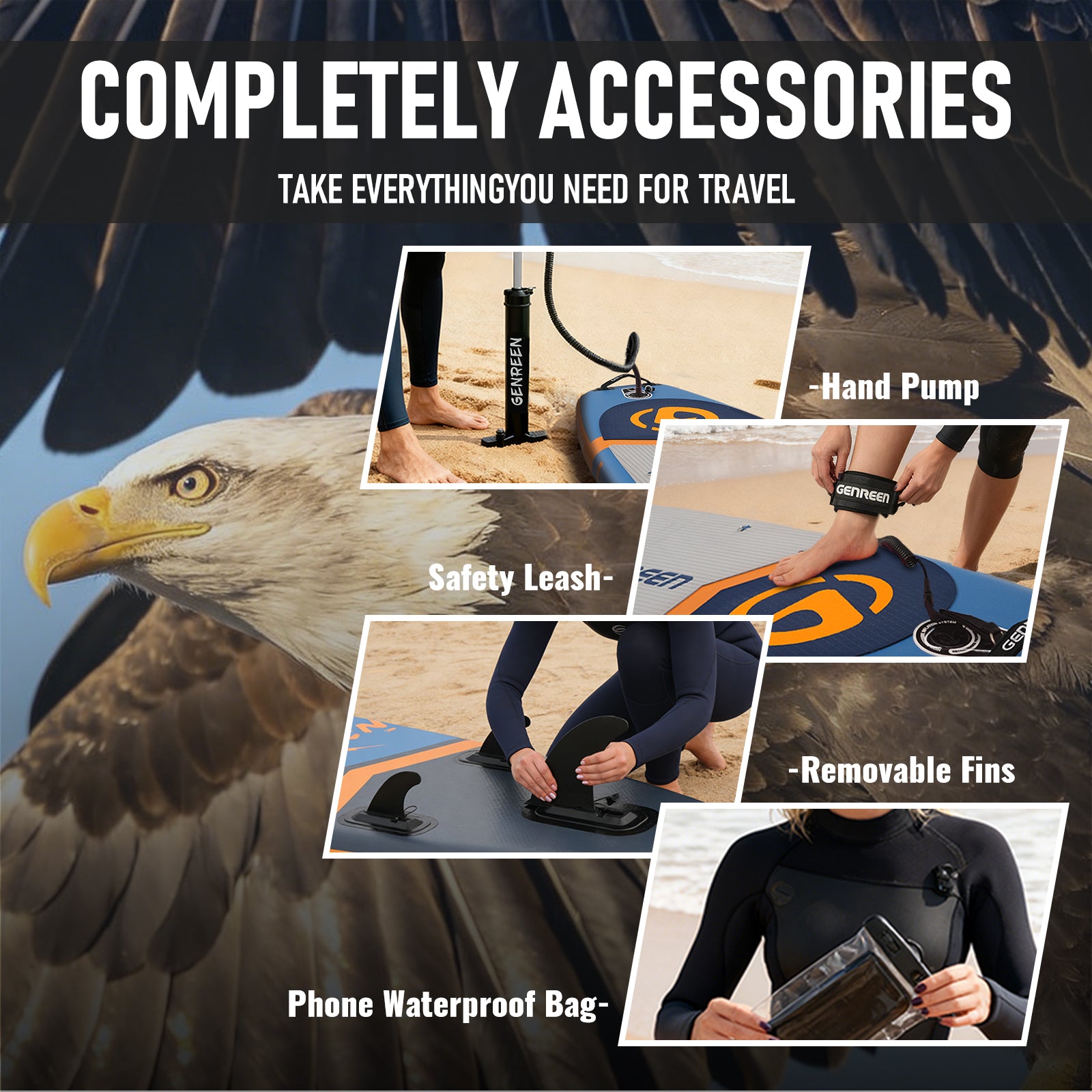 Genreen 11ft Stylish Inflatable Stand Up Paddle Board (SUP), Fishing Paddle Board with All Accessories for All Skill Levels
