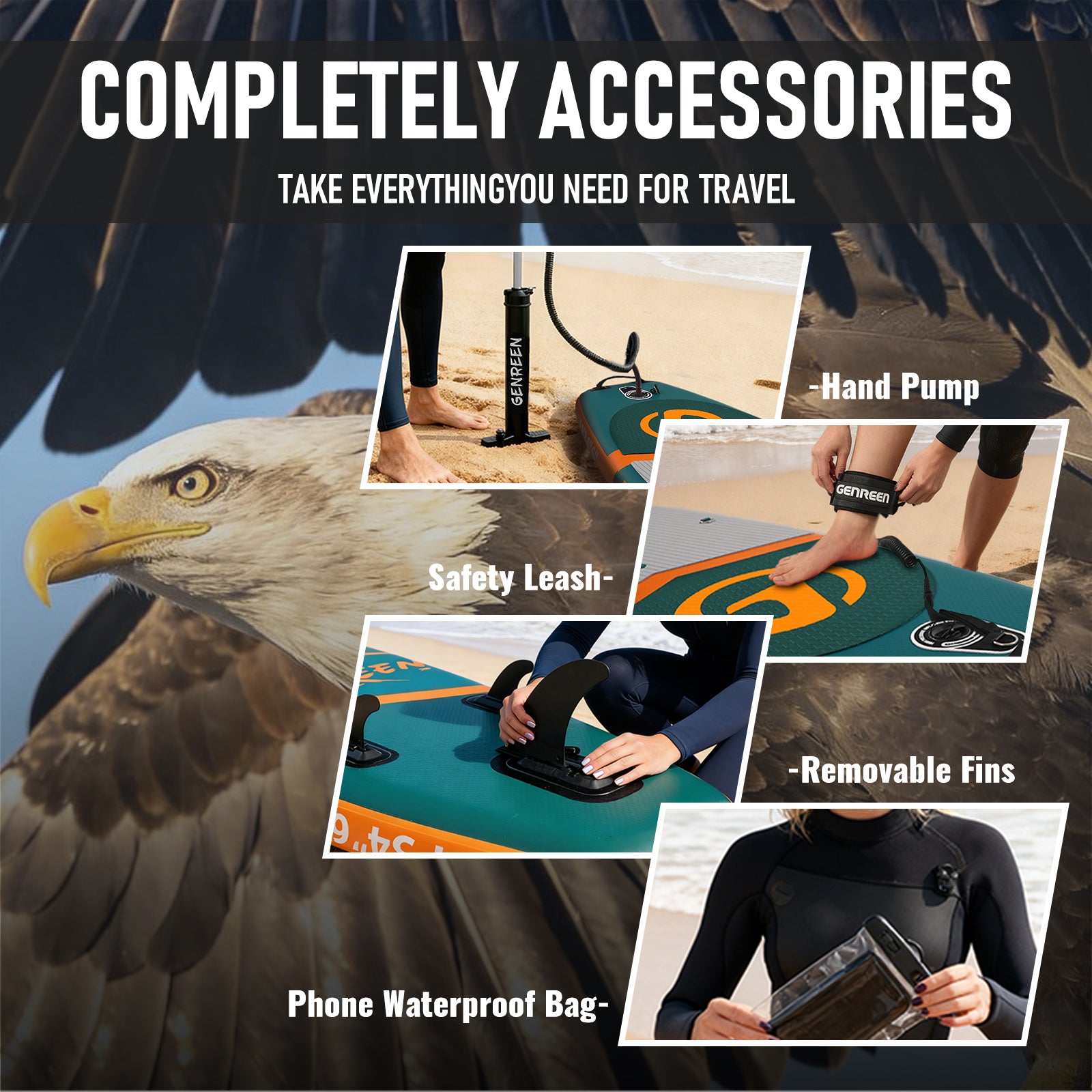 Genreen 11ft Inflatable Stand up Paddle Board (SUP), All-Around Fishing Paddle Board Full Kit for Youth & Adults