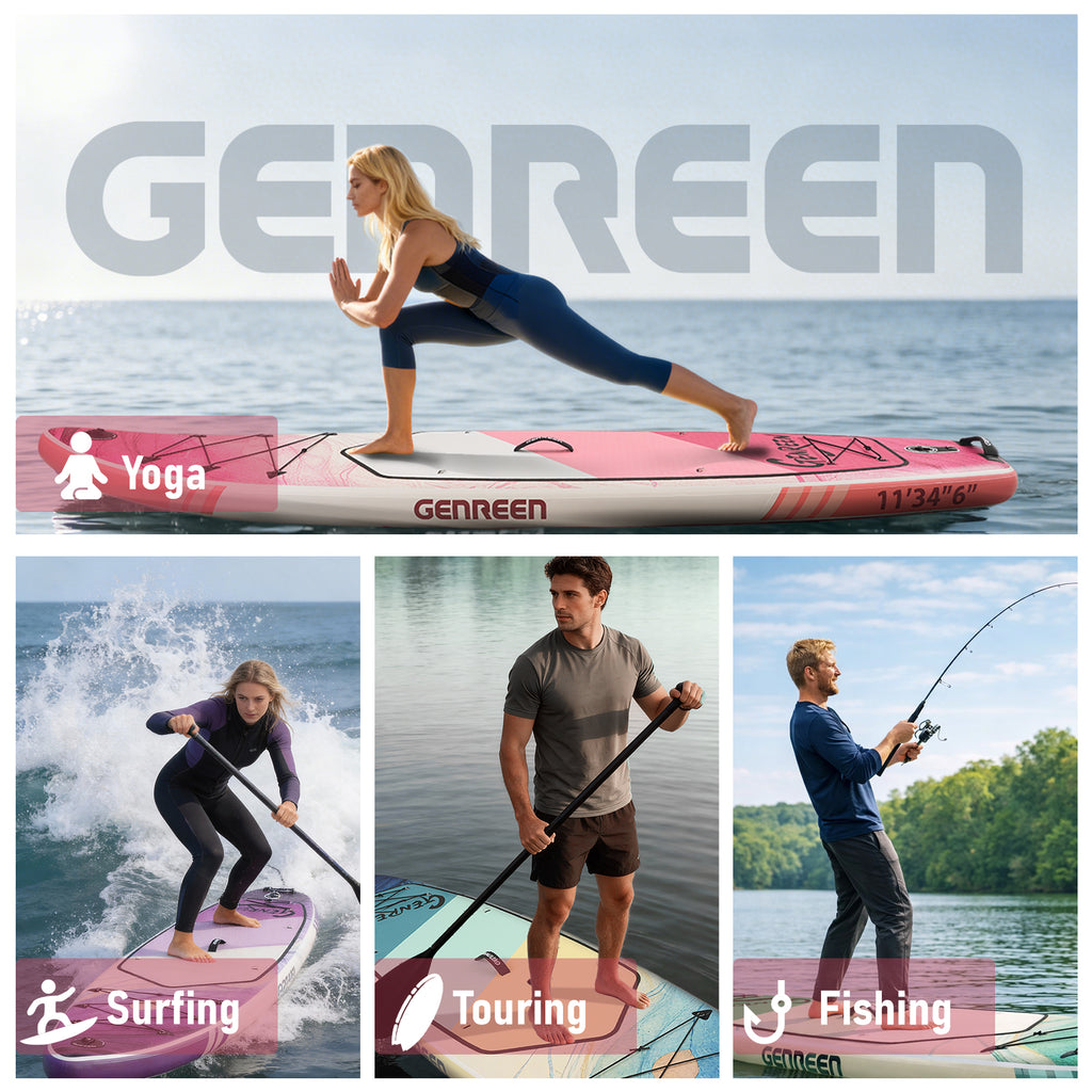 Genreen Inflatable Stand Up Paddle Board with SUP Accessories, 11ft Fishing Paddle Boards for All People of All Skill Levels