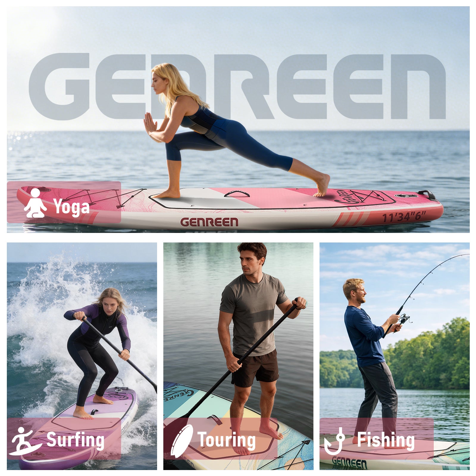 Genreen Inflatable Stand Up Paddle Board with SUP Accessories, 11ft Fishing Paddle Boards for All People of All Skill Levels