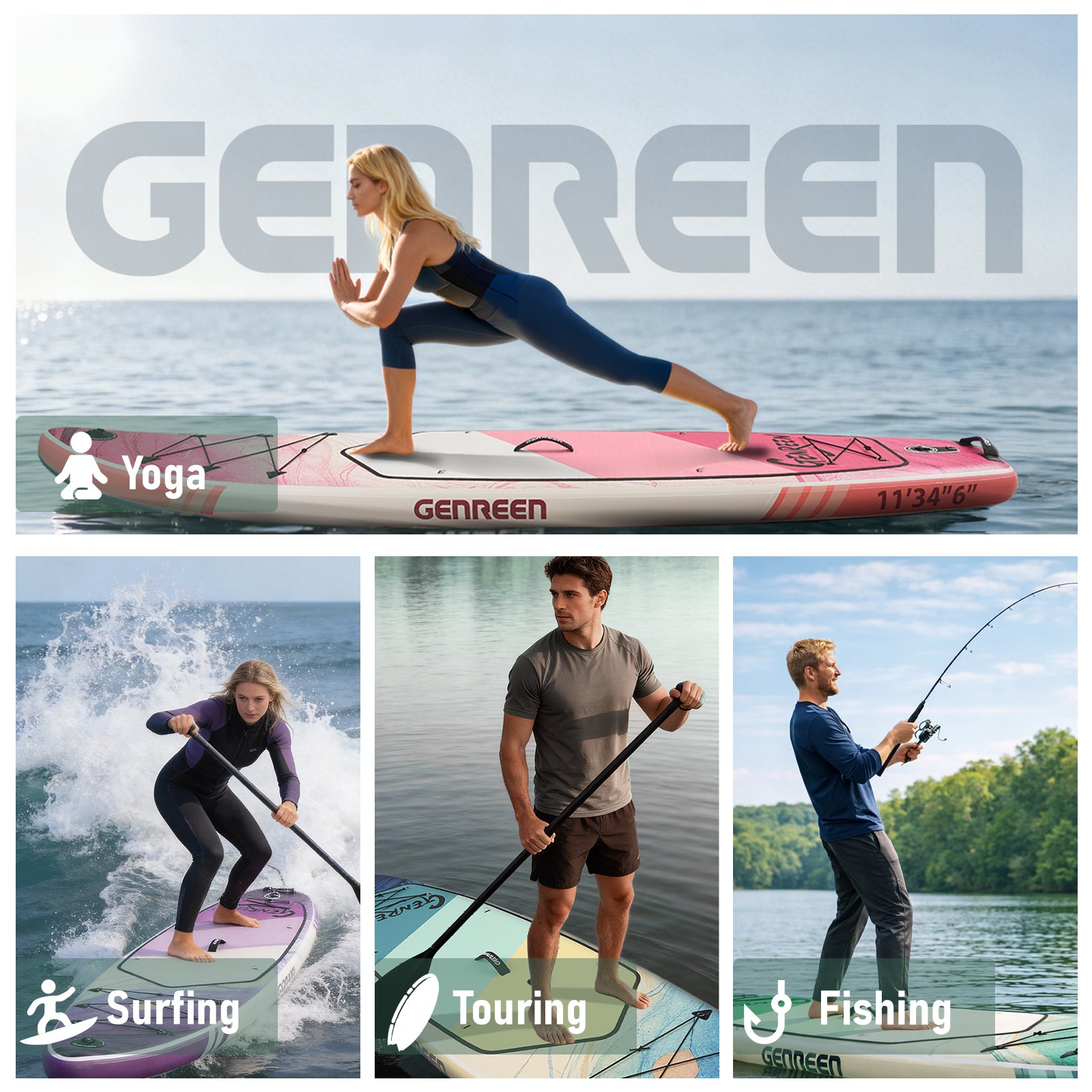 Genreen 11ft Inflatable Stand up Paddle Board, Fishing Paddle Board with SUP Accessories for Youth & Adults