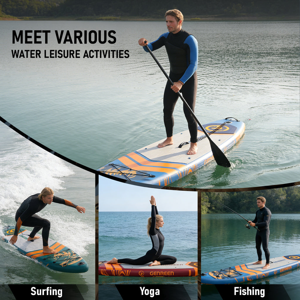 Genreen 11ft Inflatable Stand Up Paddle Board (SUP), 6 in Thick Fishing Paddle Board, Non-Slip Comfort Deck, Premium SUP Kit