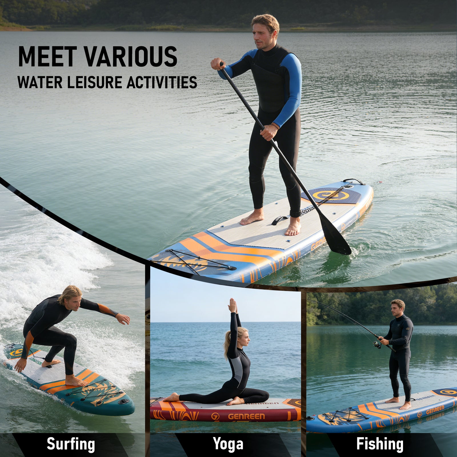 Genreen 11ft Inflatable Stand Up Paddle Board (SUP), 6 in Thick Fishing Paddle Board, Non-Slip Comfort Deck, Premium SUP Kit