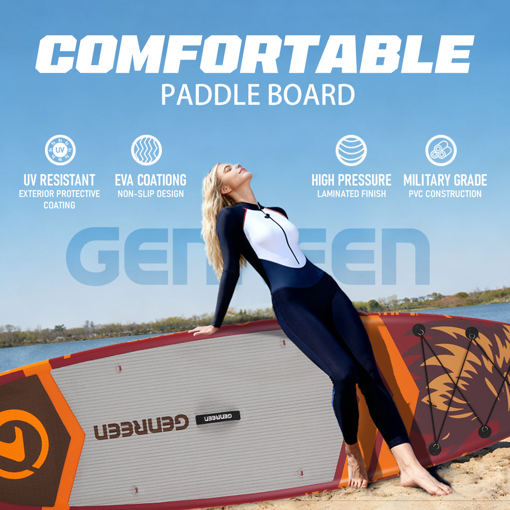 Genreen 11ft Inflatable Stand Up Paddle Board (SUP), 6 in Thick Fishing Paddle Board, Non-Slip Comfort Deck, Premium SUP Kit