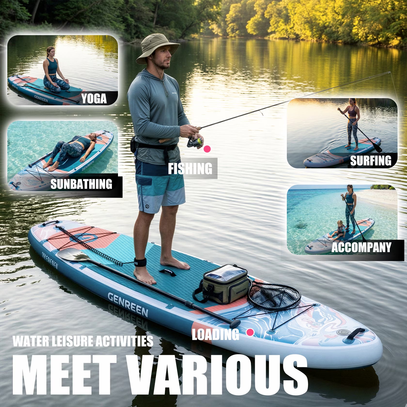 Genreen 11’ Inflatable Stand Up Paddle Board with SUP Accessories, Fishing Paddle Board for Youth & Adults of All Skill Levels