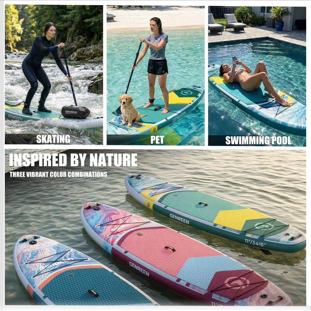 Genreen Inflatable Stand up Paddle Board with SUP Accessories, 11’ Fishing Paddle Boards for Adults & Youth of All Skill Levels