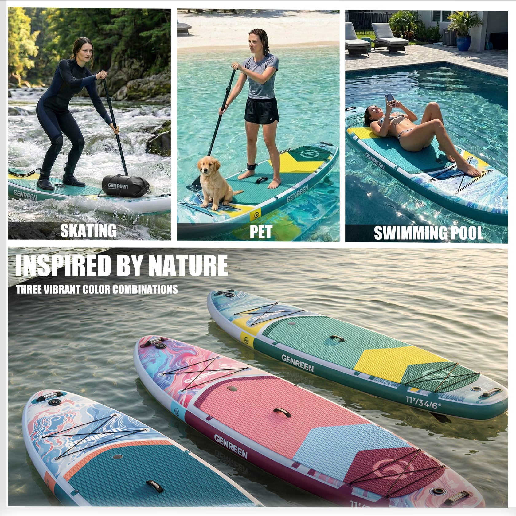 Genreen Inflatable Stand up Paddle Board with SUP Accessories, 11’ Fishing Paddle Boards for Adults & Youth of All Skill Levels