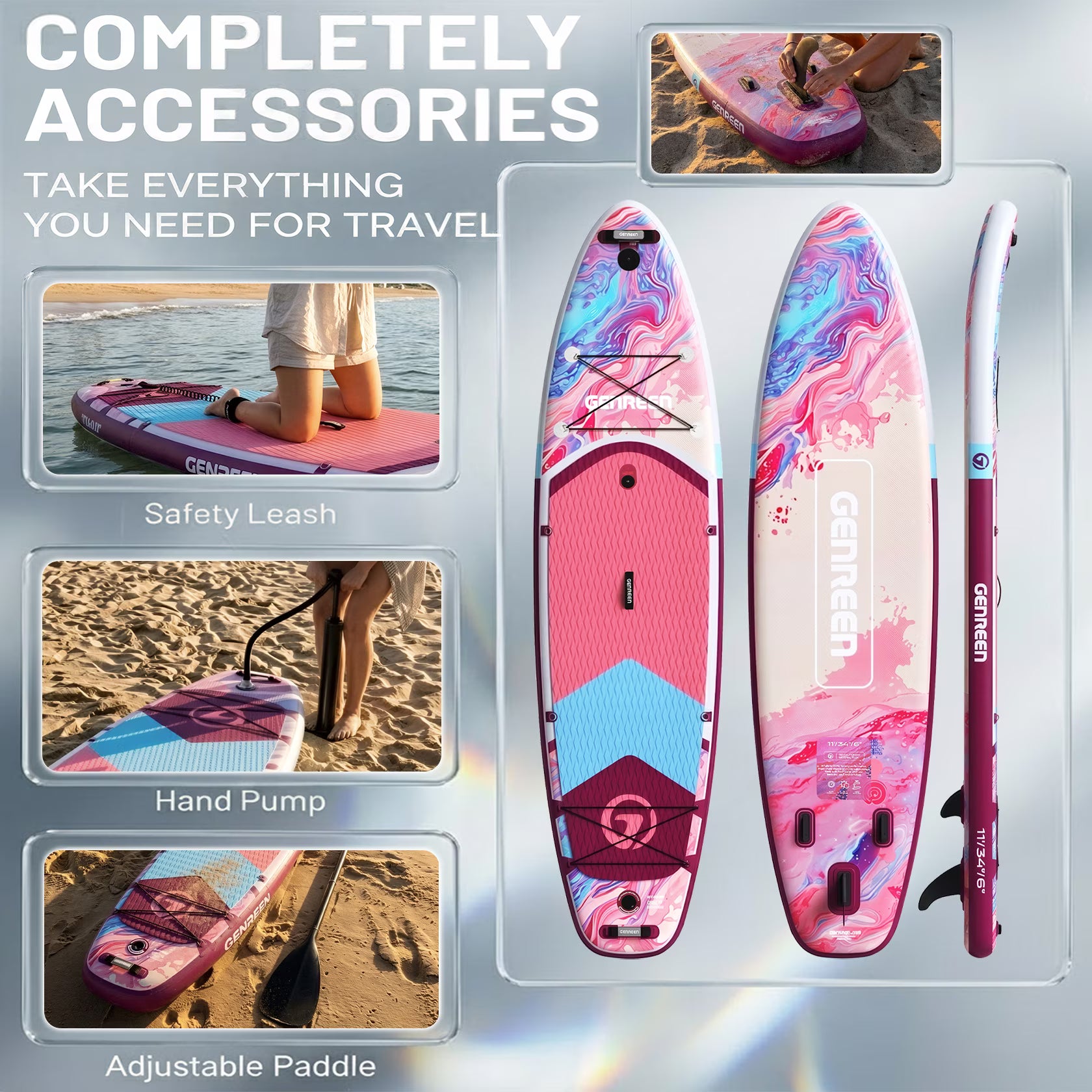 Genreen 11' Premium Inflatable Fishing Paddle Board, Stand up Paddle Board with SUP Accessories for Youth & Adult