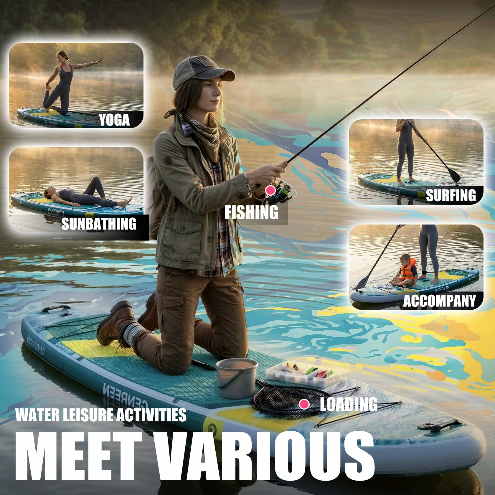 Genreen Inflatable Stand up Paddle Board with SUP Accessories, 11’ Fishing Paddle Boards for Adults & Youth of All Skill Levels