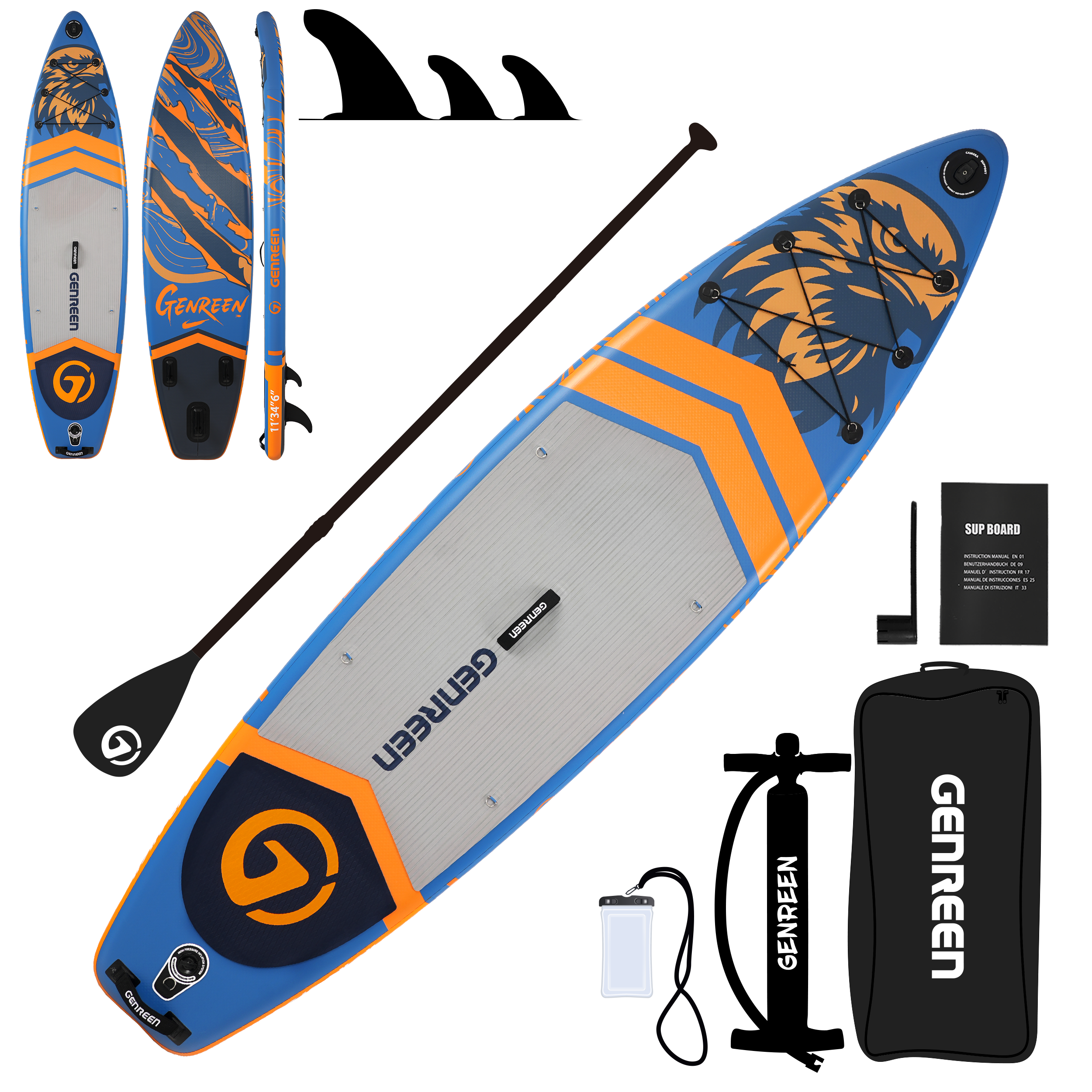 Genreen 11ft Stylish Inflatable Stand Up Paddle Board (SUP), Fishing Paddle Board with All Accessories for All Skill Levels