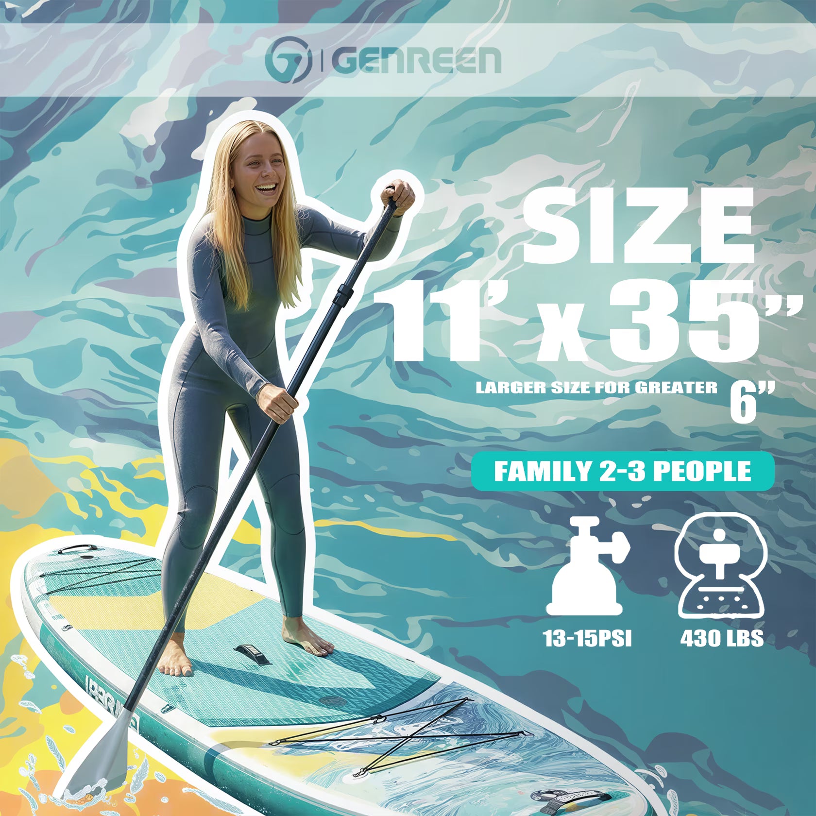 Genreen Inflatable Stand up Paddle Board with SUP Accessories, 11’ Fishing Paddle Boards for Adults & Youth of All Skill Levels
