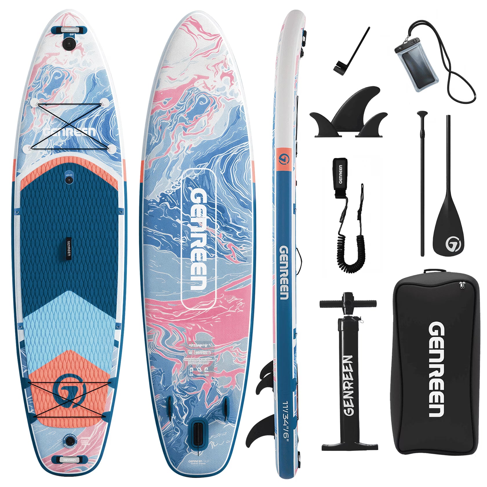 Genreen 11’ Inflatable Stand Up Paddle Board with SUP Accessories, Fishing Paddle Board for Youth & Adults of All Skill Levels