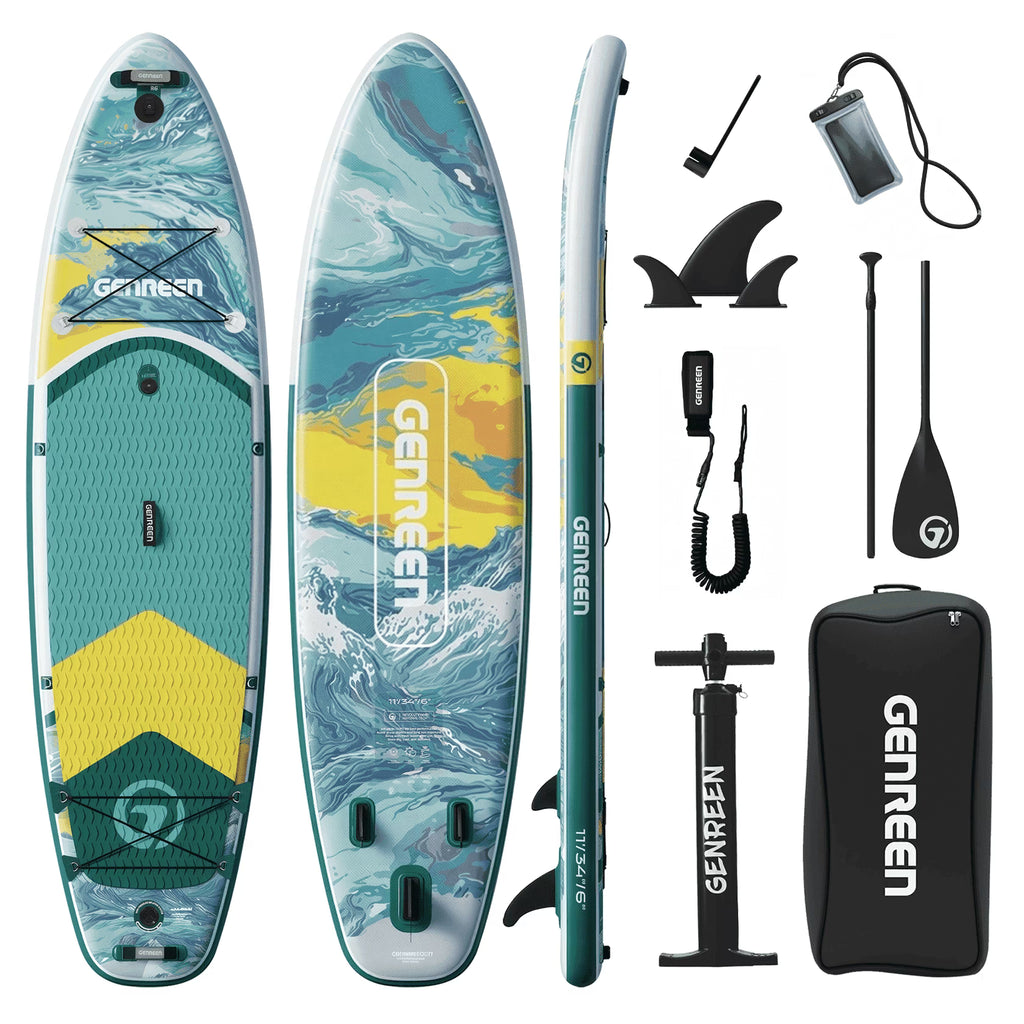 Genreen Inflatable Stand up Paddle Board with SUP Accessories, 11’ Fishing Paddle Boards for Adults & Youth of All Skill Levels