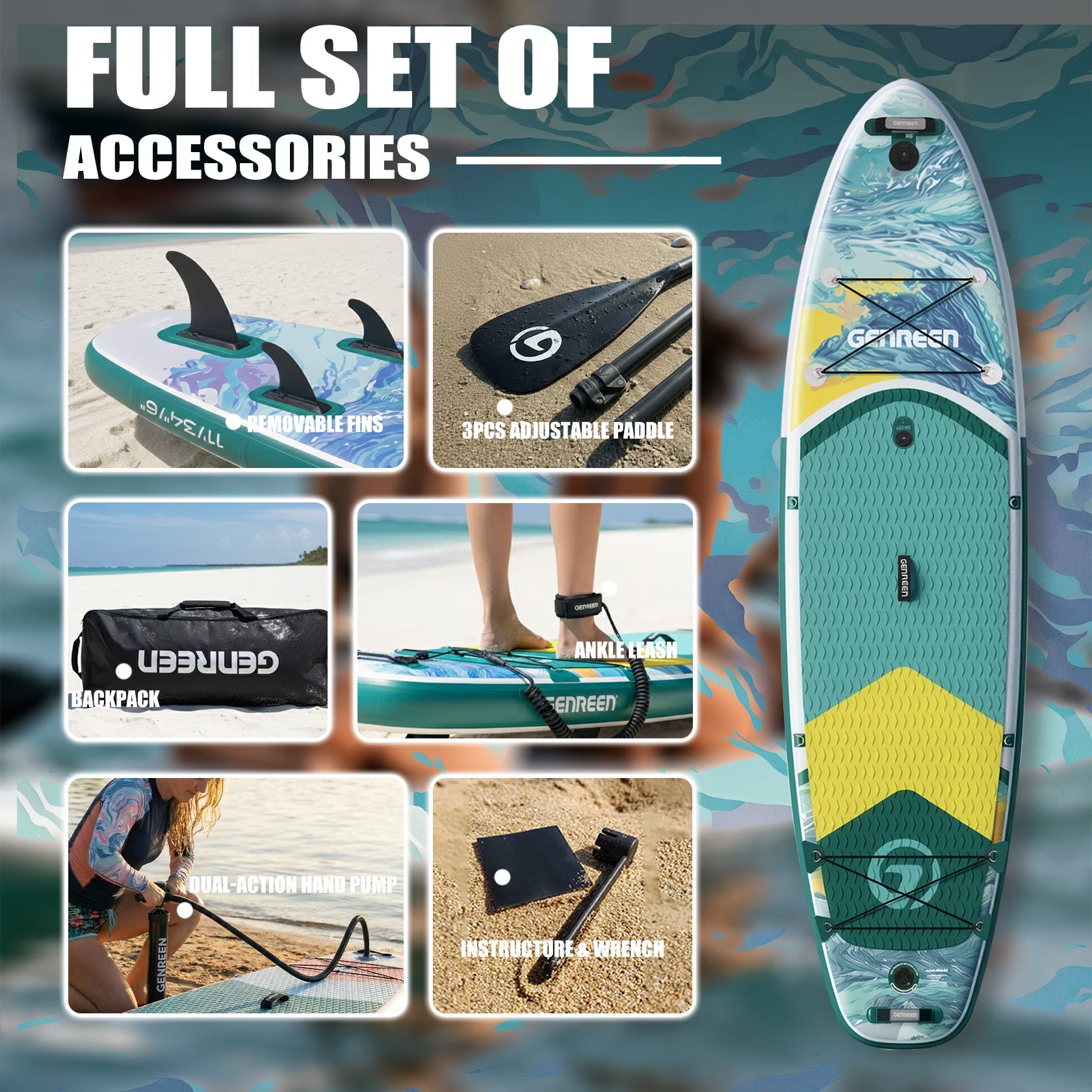 Genreen Inflatable Stand up Paddle Board with SUP Accessories, 11’ Fishing Paddle Boards for Adults & Youth of All Skill Levels