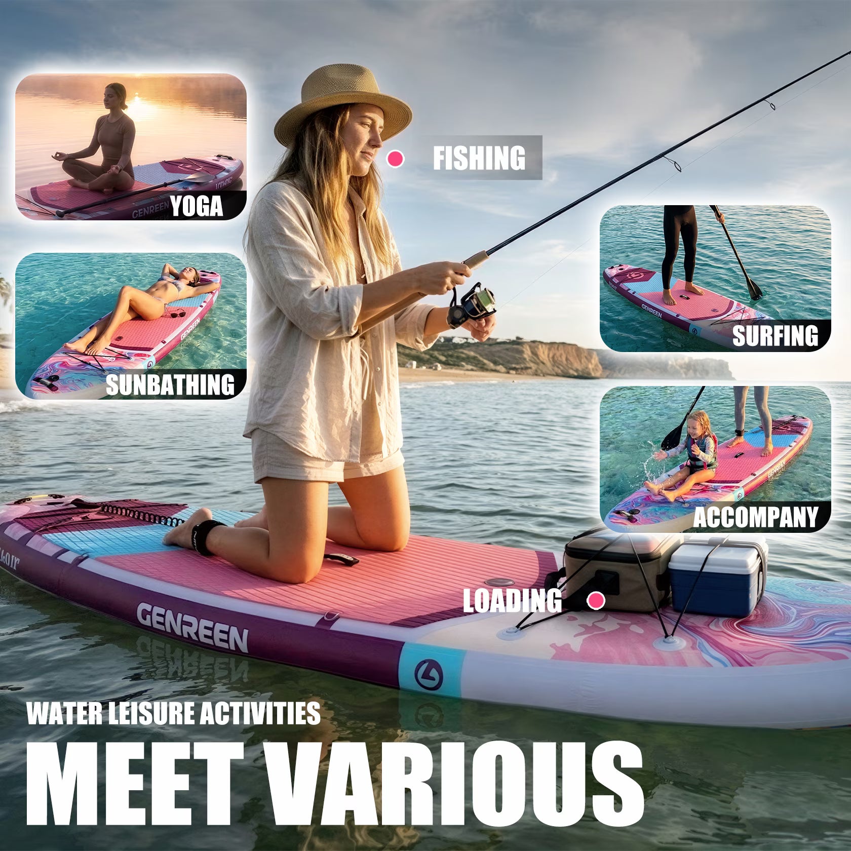 Genreen 11' Premium Inflatable Fishing Paddle Board, Stand up Paddle Board with SUP Accessories for Youth & Adult