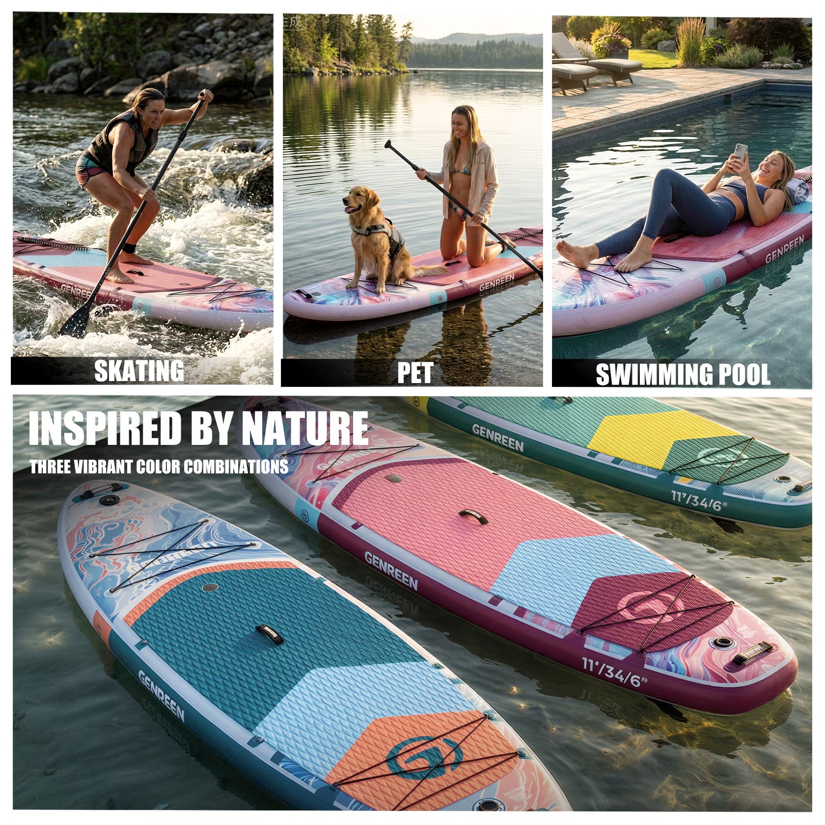 Genreen 11' Premium Inflatable Fishing Paddle Board, Stand up Paddle Board with SUP Accessories for Youth & Adult
